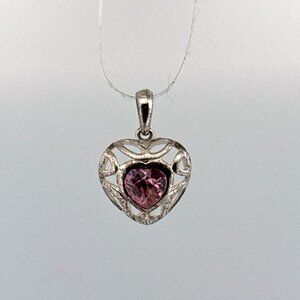 Estate Sterling Silver 925 Heart Pendant Pink Stone Filigree Design 2.6g